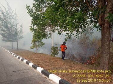ANGGOTA BPBD KOTA PANGKALPINANG BANTU PADAMKAN KEBAKARAN HUTAN DAN LAHAN DI JALAN PULAU PELEPAS, PANGKALAN BARU.